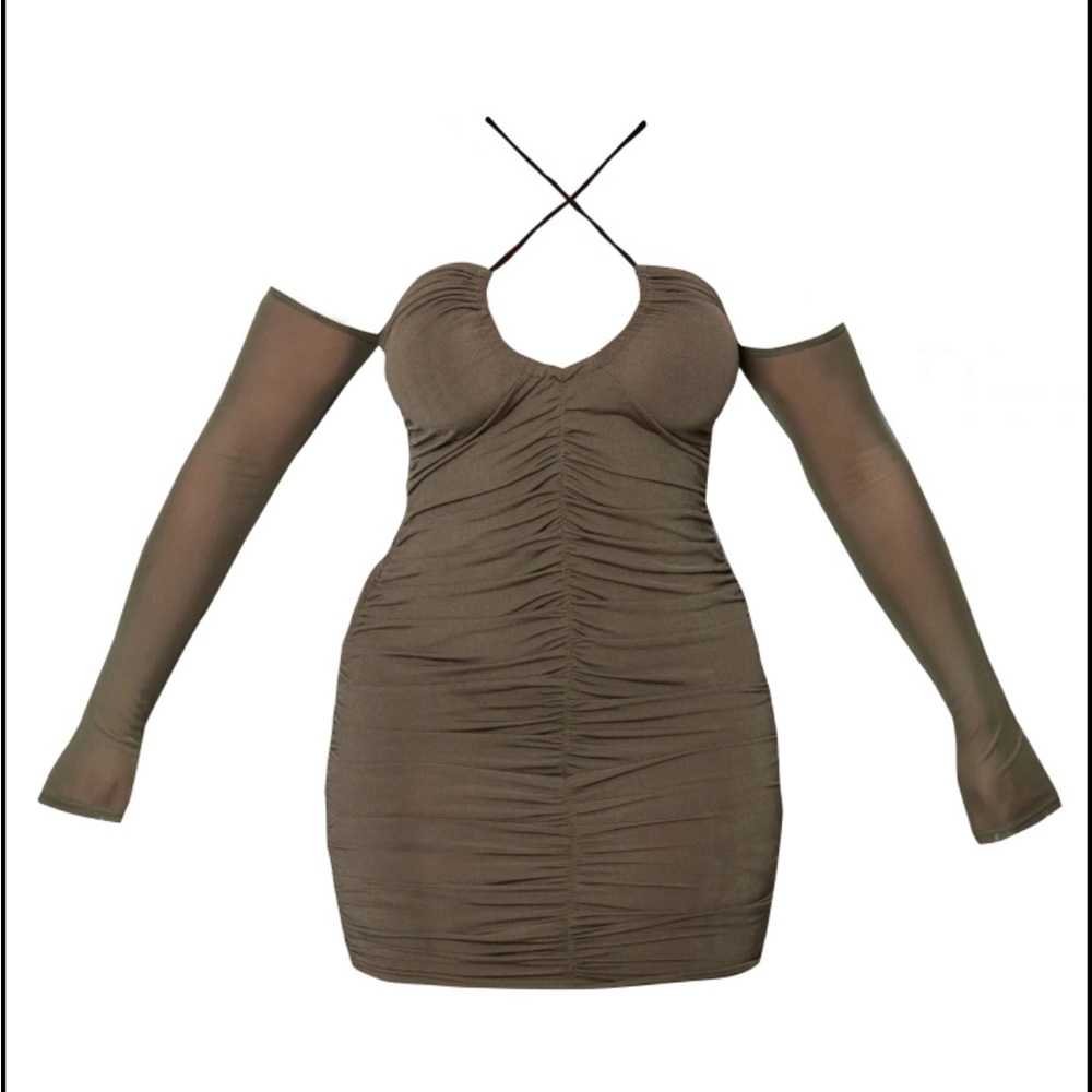 Shape olive mesh ruched Bardot strap detail bodycon dress size 6 (UK size )